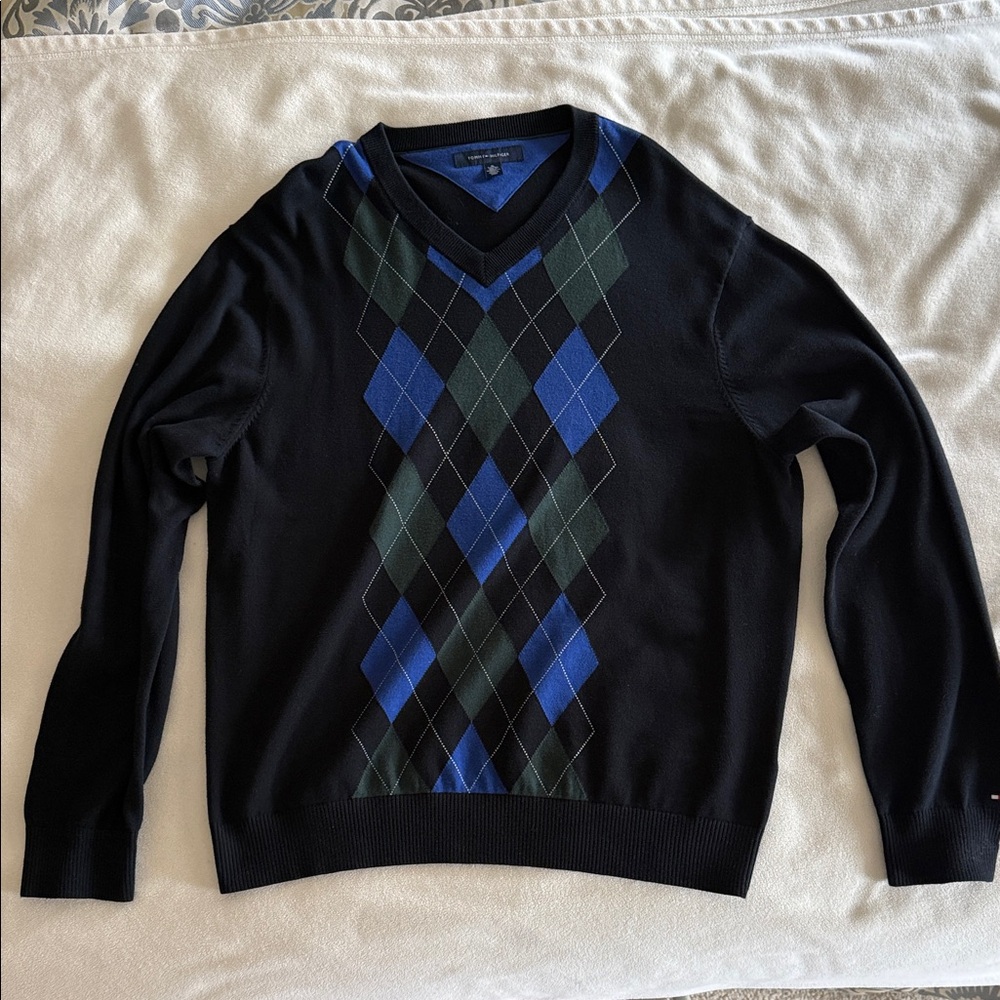 Tommy Hilfiger Black Sweater with Blue and Green Argyle